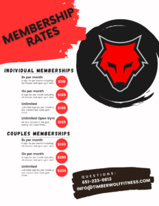 Timberwolf Fitness membership rates chart for individual and couples plans.